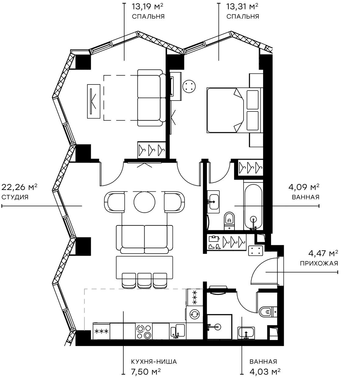 Планировка — Симфония 34, 3-комн., 69 м²