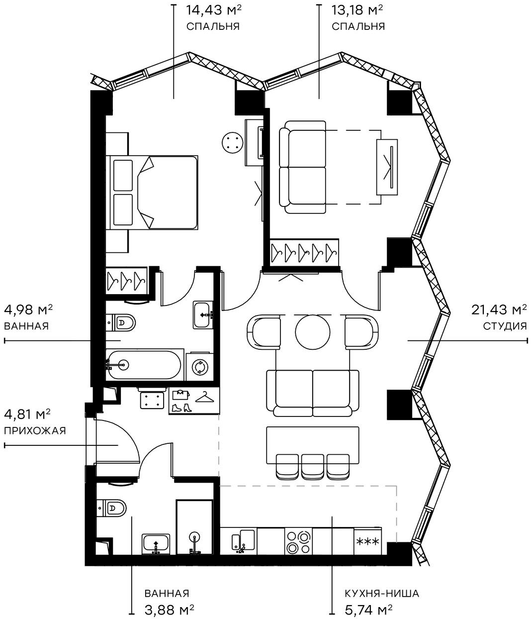 Планировка — Симфония 34, 3-комн., 68 м²