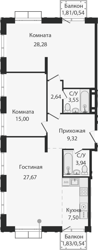 Планировка — Dream Towers, 3-комн., 97 м²