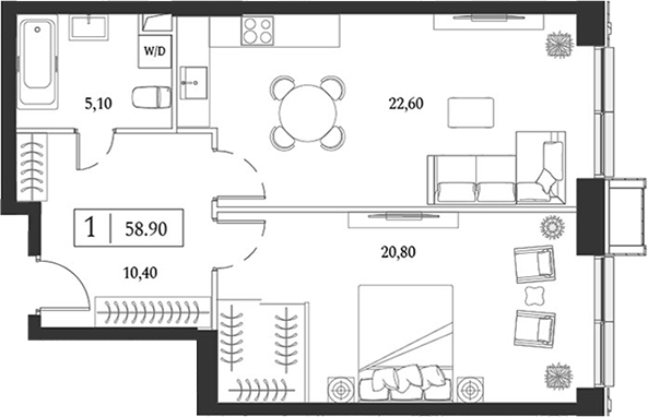 Планировка — Dream Towers, 2-комн., 59 м²