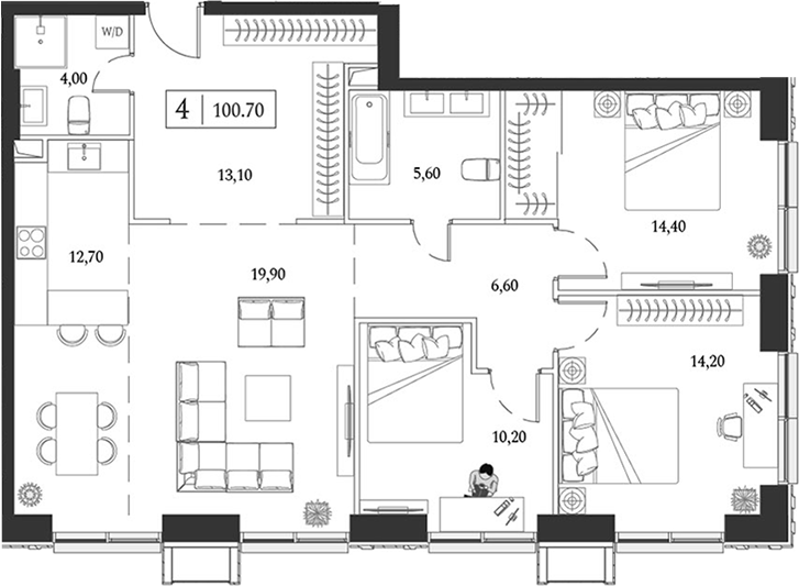 Планировка — Dream Towers, 4-комн., 101 м²