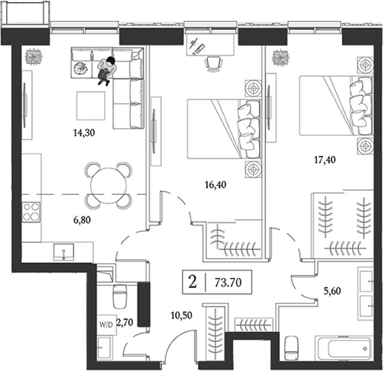 Планировка — Dream Towers, 3-комн., 74 м²