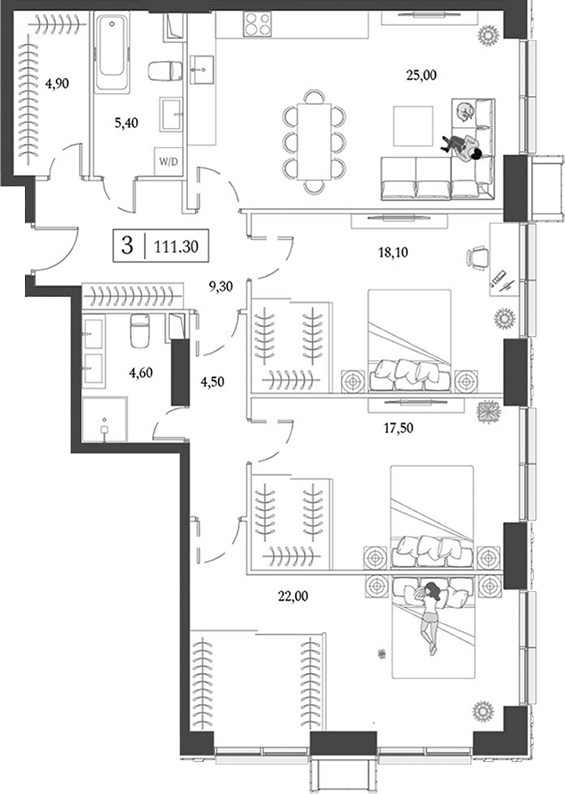 Планировка — Dream Towers, 4-комн., 111 м²