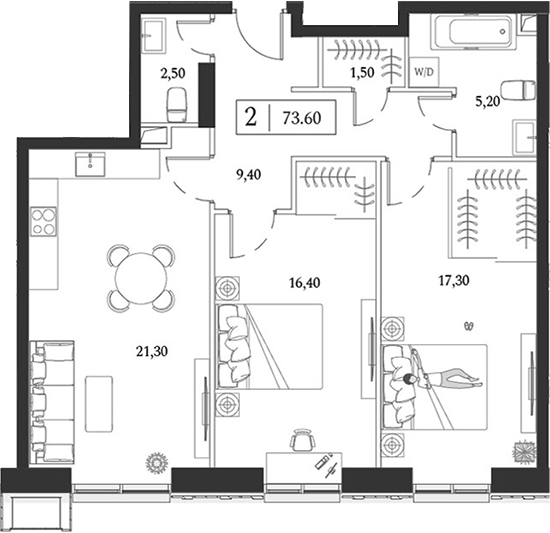 Планировка — Dream Towers, 3-комн., 74 м²