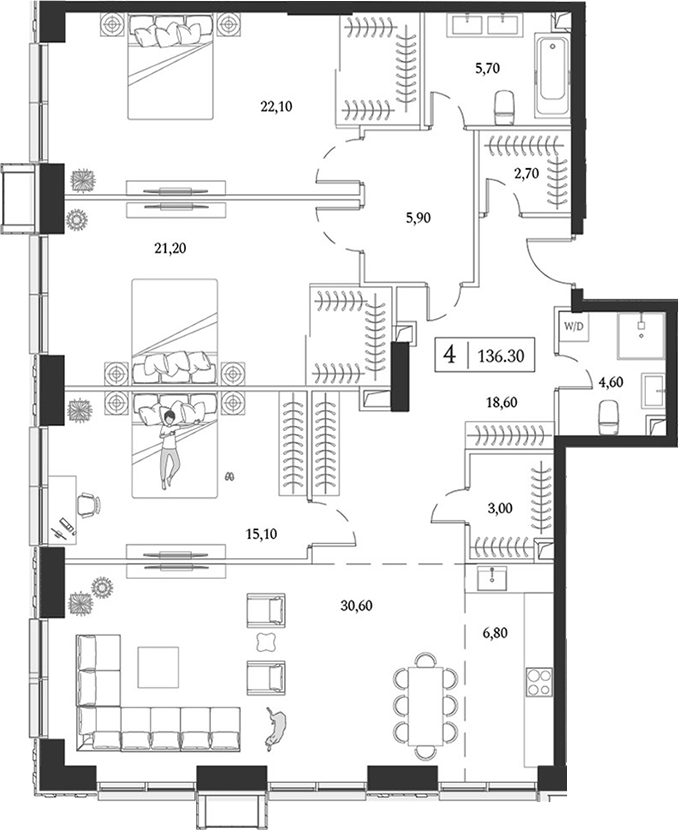 Планировка — Dream Towers, 4-комн., 136 м²
