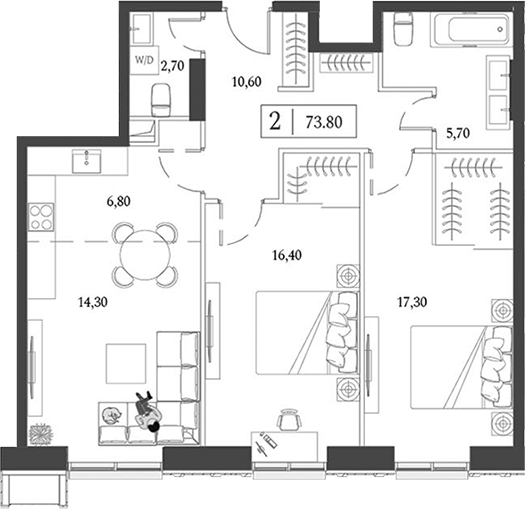 Планировка — Dream Towers, 3-комн., 74 м²