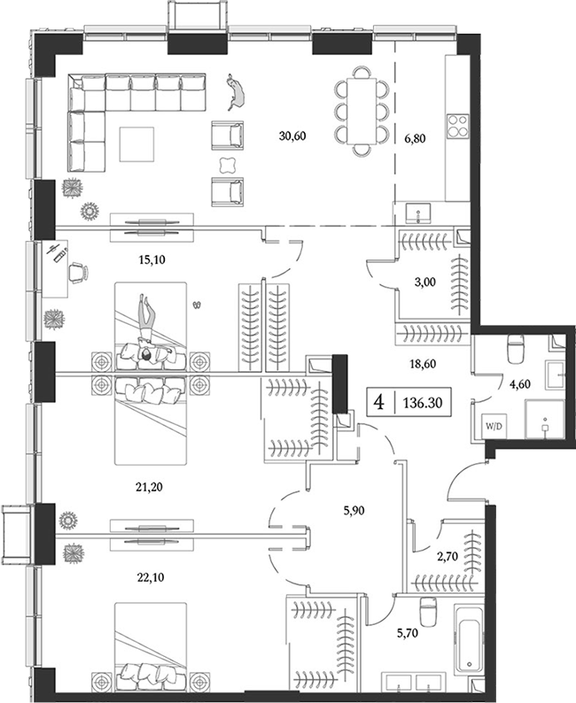 Планировка — Dream Towers, 4-комн., 136 м²