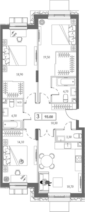 Планировка — Dream Towers, 4-комн., 93 м²