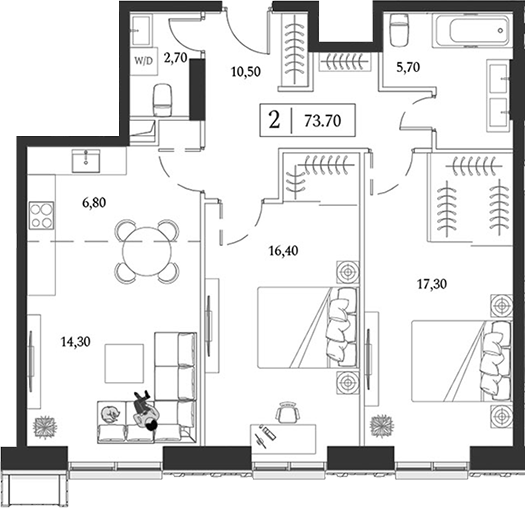 Планировка — Dream Towers, 3-комн., 74 м²