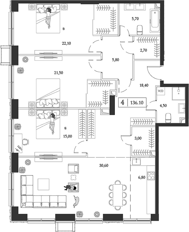 Планировка — Dream Towers, 4-комн., 136 м²