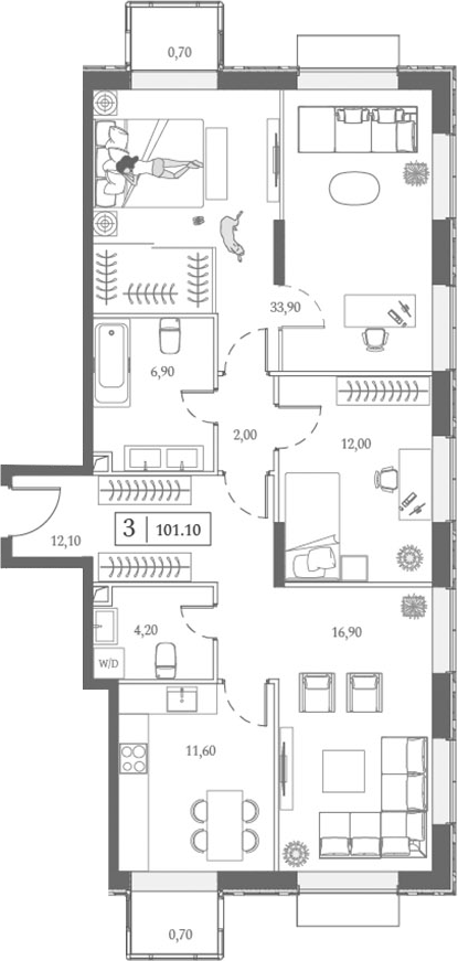 Планировка — Dream Towers, 3-комн., 100 м²