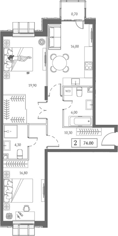 Планировка — Dream Towers, 2-комн., 73 м²