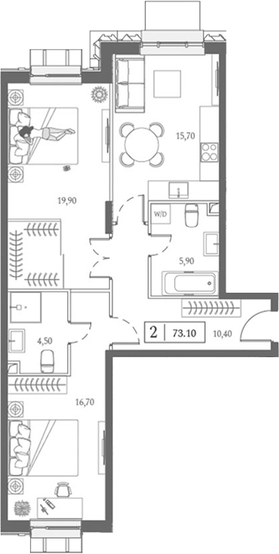 Планировка — Dream Towers, 2-комн., 73 м²