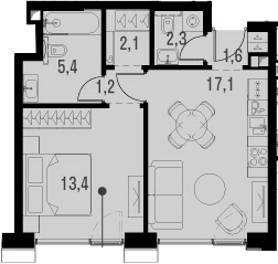 Планировка — Метрополия, 2-комн., 43 м²