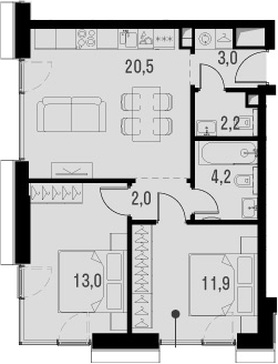 Планировка — Метрополия, 3-комн., 57 м²