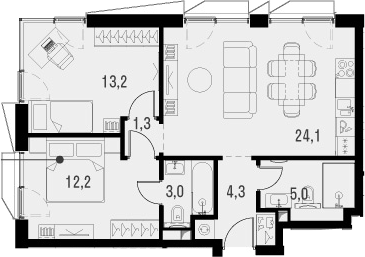 Планировка — Метрополия, 3-комн., 62 м²