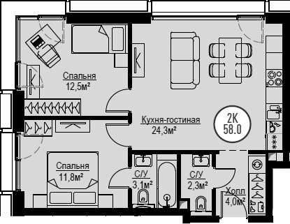 Планировка — Метрополия, 3-комн., 58 м²