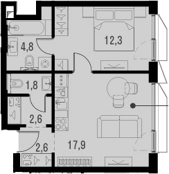 Планировка — Метрополия, 2-комн., 42 м²