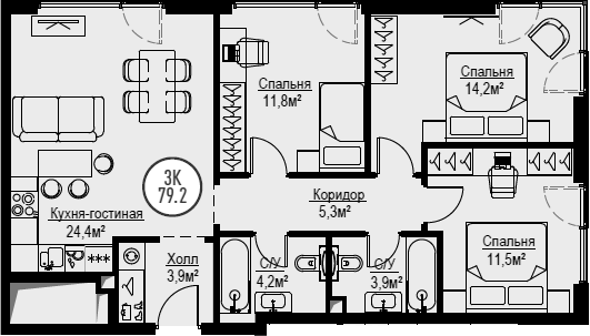 Планировка — Метрополия, 4-комн., 78 м²