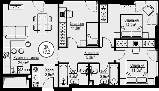 Планировка — Метрополия, 4-комн., 78 м²