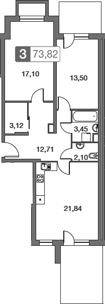 Планировка — Равновесие, 3-комн., 74 м²