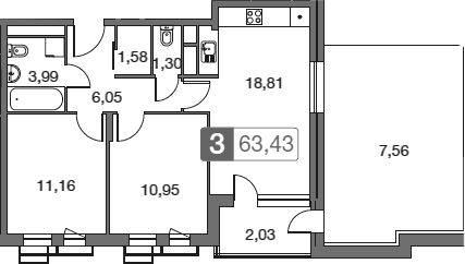 Планировка — Равновесие, 3-комн., 64 м²