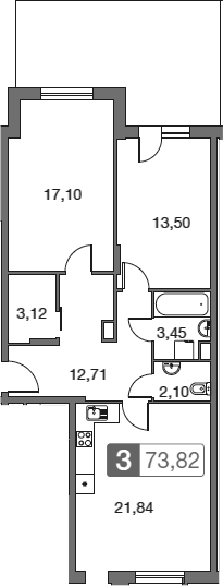 Планировка — Равновесие, 3-комн., 74 м²