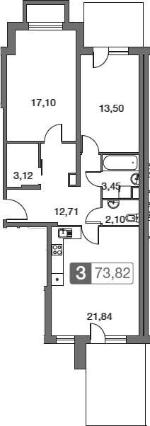 Планировка — Равновесие, 3-комн., 74 м²