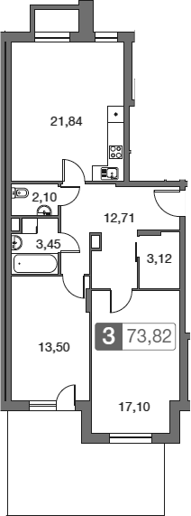 Планировка — Равновесие, 3-комн., 74 м²
