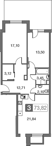 Планировка — Равновесие, 3-комн., 74 м²