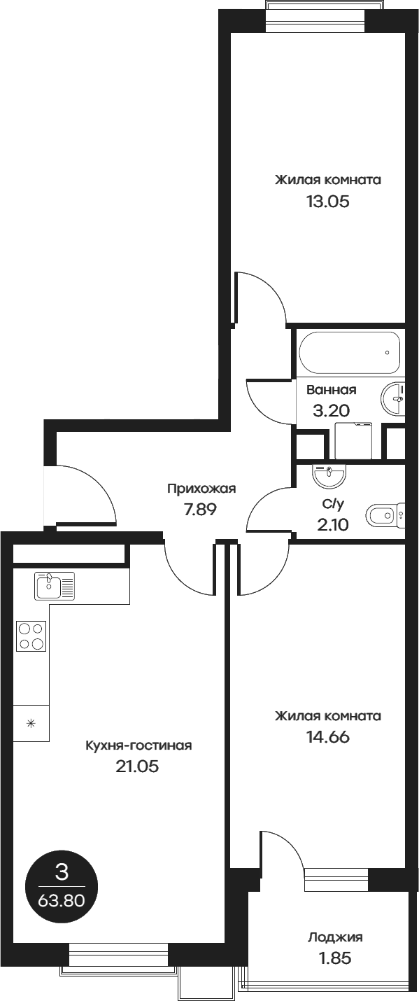 Планировка — Равновесие, 3-комн., 62 м²