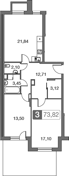 Планировка — Равновесие, 3-комн., 74 м²