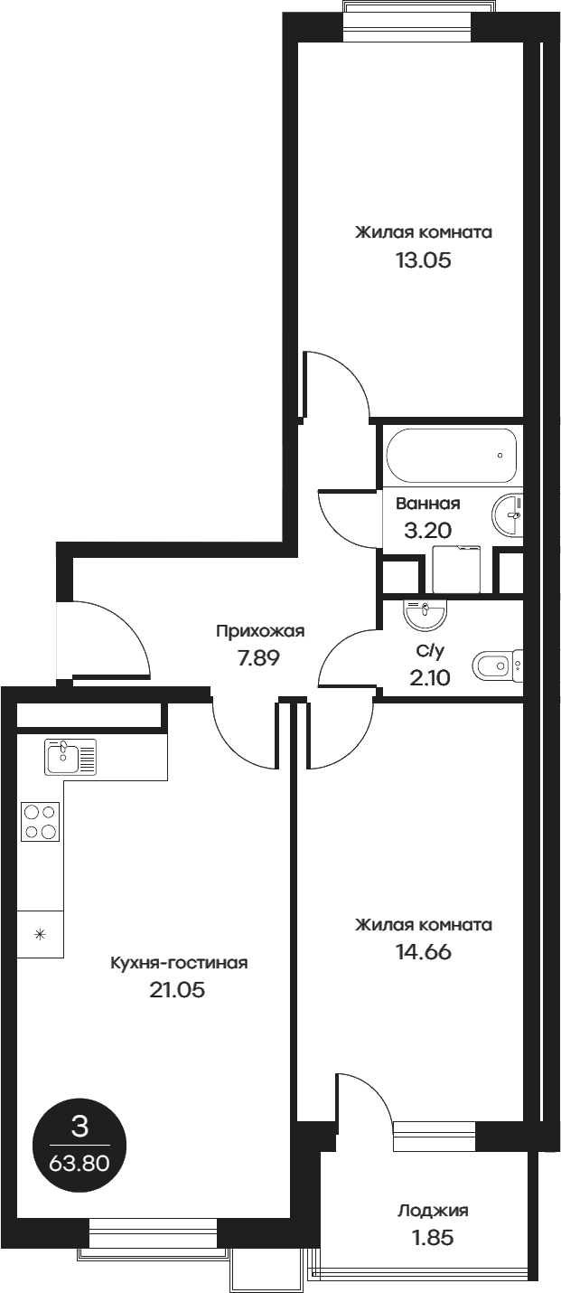 Планировка — Равновесие, 3-комн., 64 м²
