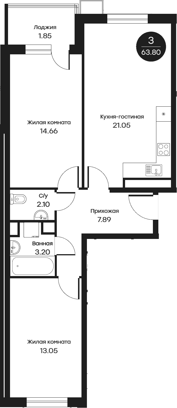 Планировка — Равновесие, 3-комн., 64 м²