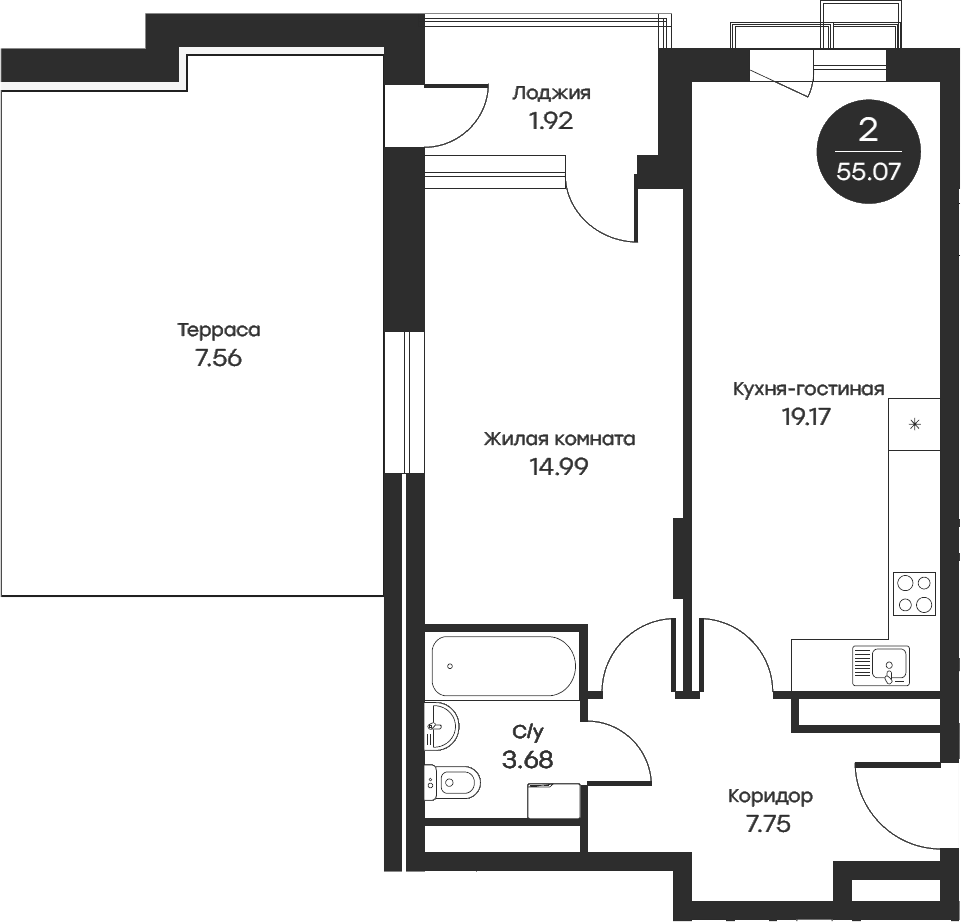 Планировка — Равновесие, 2-комн., 55 м²