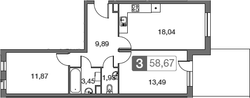Планировка — Равновесие, 3-комн., 59 м²