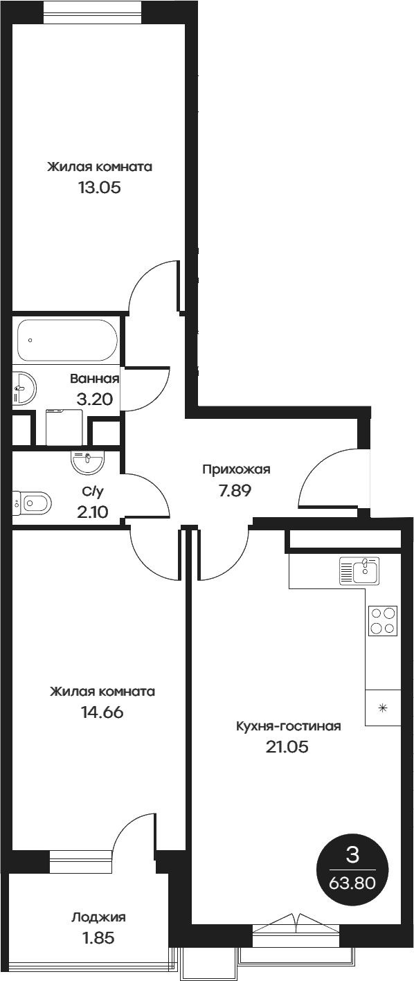 Планировка — Равновесие, 3-комн., 64 м²
