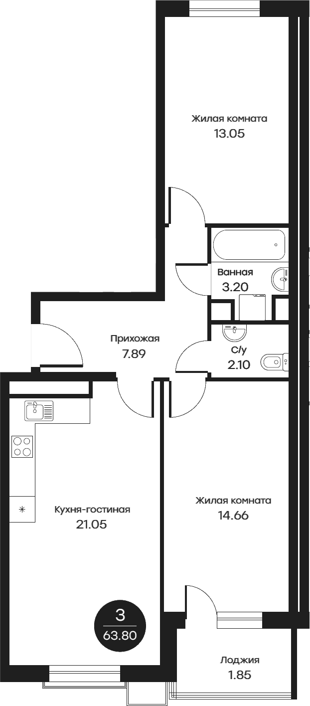 Планировка — Равновесие, 3-комн., 63 м²