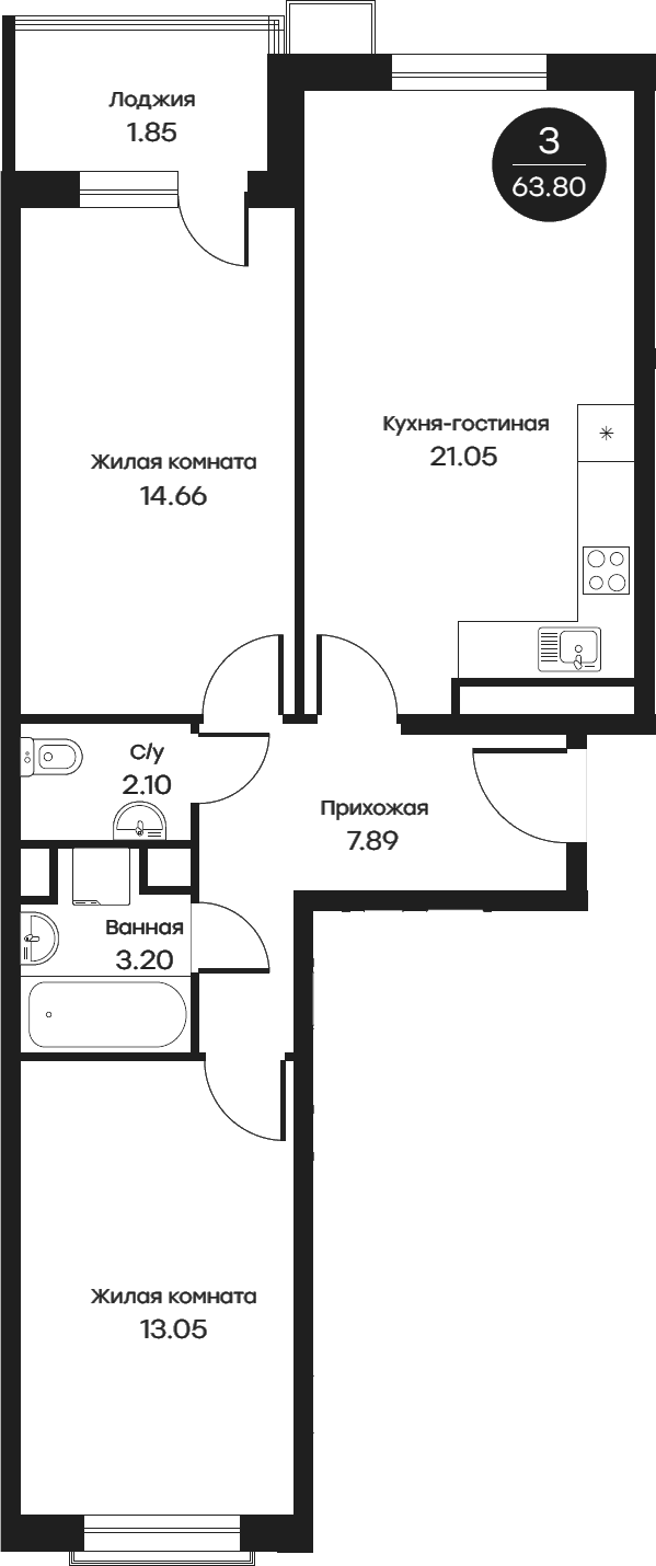 Планировка — Равновесие, 3-комн., 64 м²
