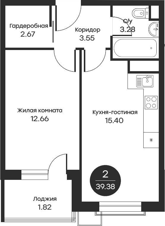 Планировка — Равновесие, 2-комн., 39 м²