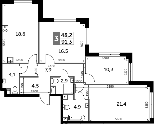 Планировка — Sydney City, 3-комн., 91 м²