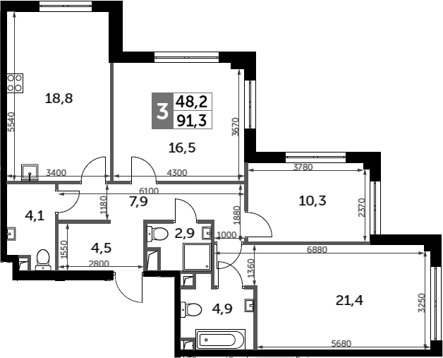 Планировка — Sydney City, 3-комн., 91 м²