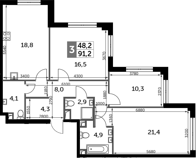 Планировка — Sydney City, 3-комн., 91 м²