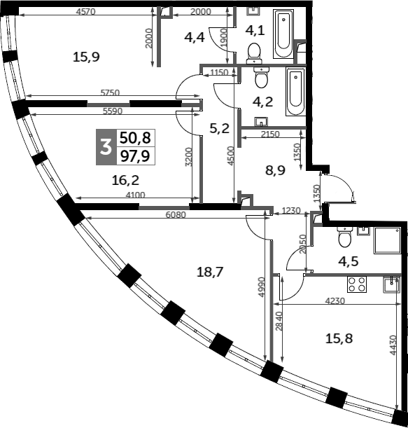 Планировка — Sydney City, 3-комн., 98 м²