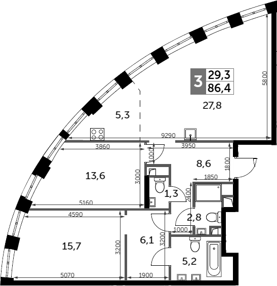 Планировка — Sydney City, 3-комн., 86 м²