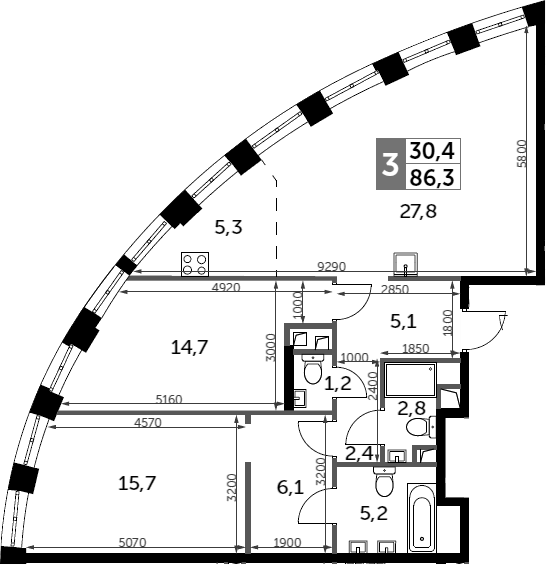 Планировка — Sydney City, 3-комн., 86 м²