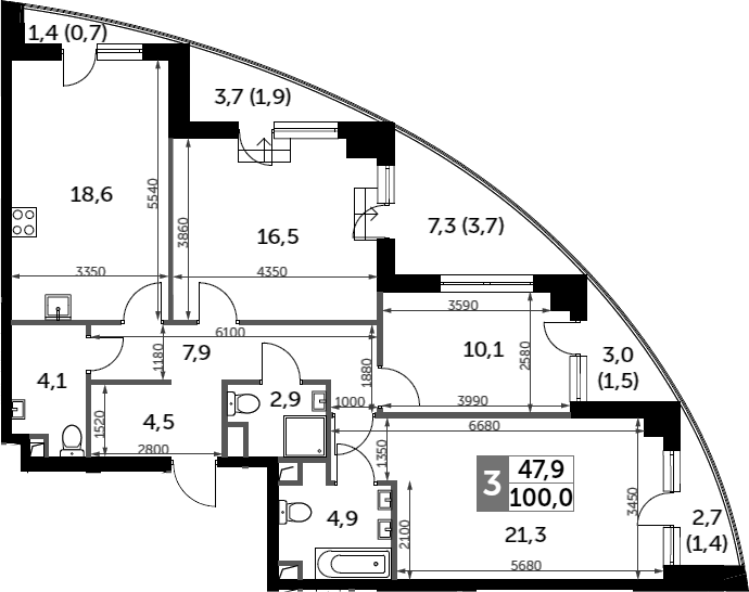 Планировка — Sydney City, 3-комн., 91 м²