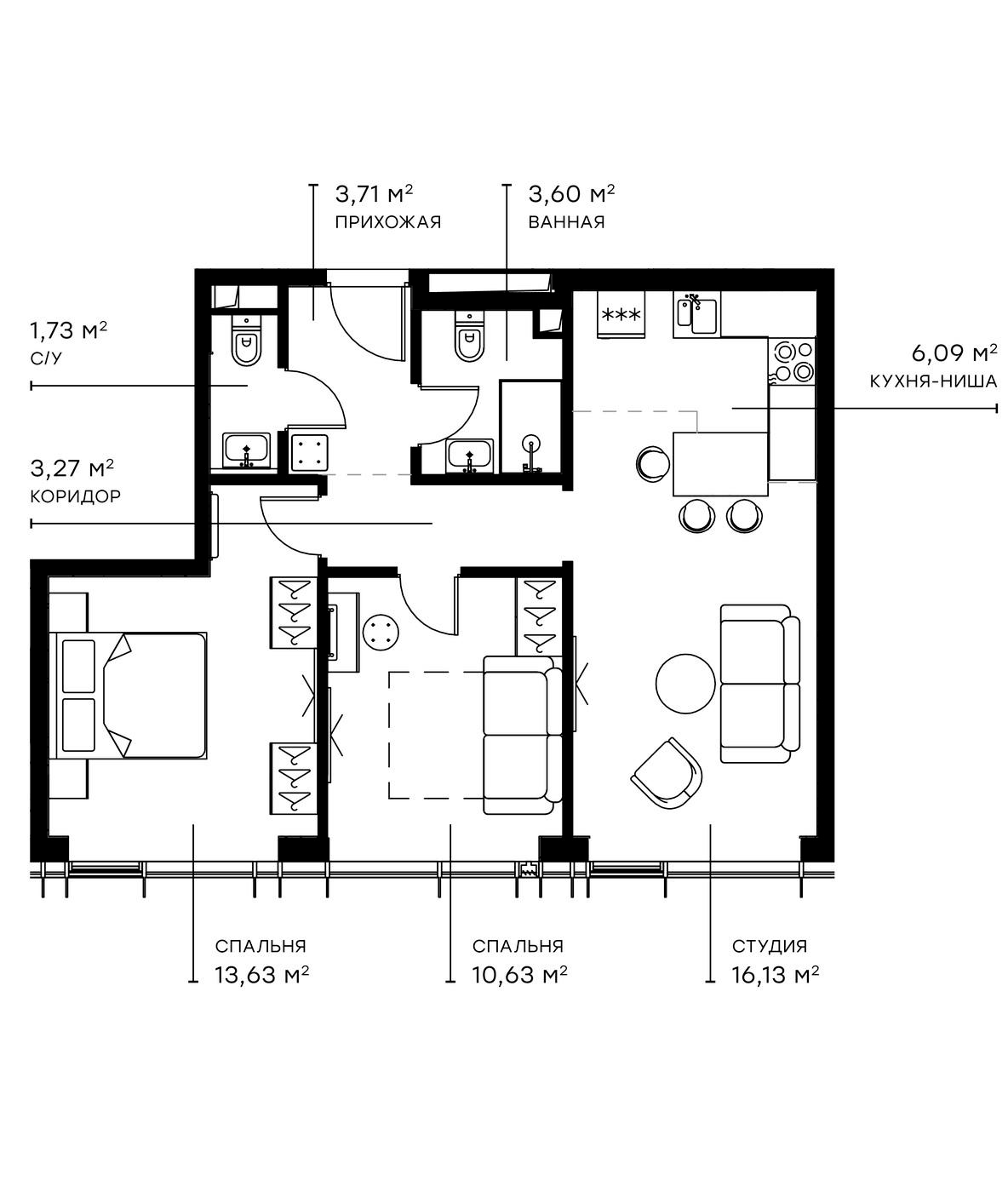 Планировка — Симфония 34, 3-комн., 59 м²