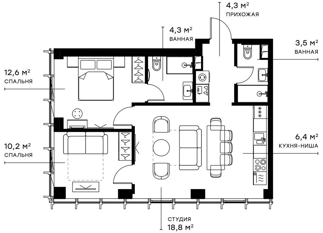 Планировка — Симфония 34, 3-комн., 60 м²