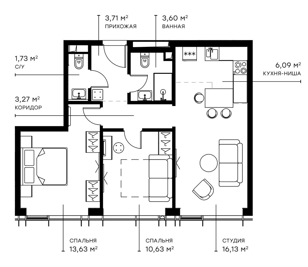 Планировка — Симфония 34, 3-комн., 59 м²